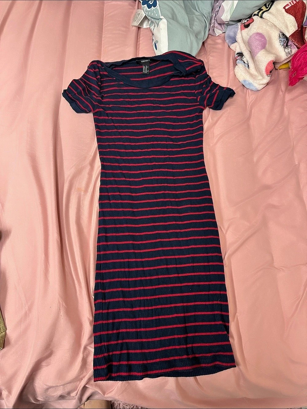 Forever 21 Striped Ribbed Short Sleeve Midi Dress Black & Red XS